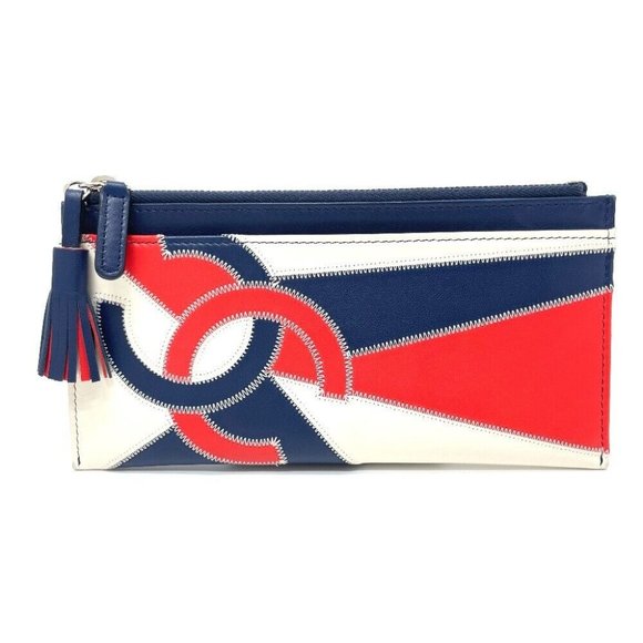 CHANEL Fringe Wallet Card Case Lambskin Leather Blue x White x Red